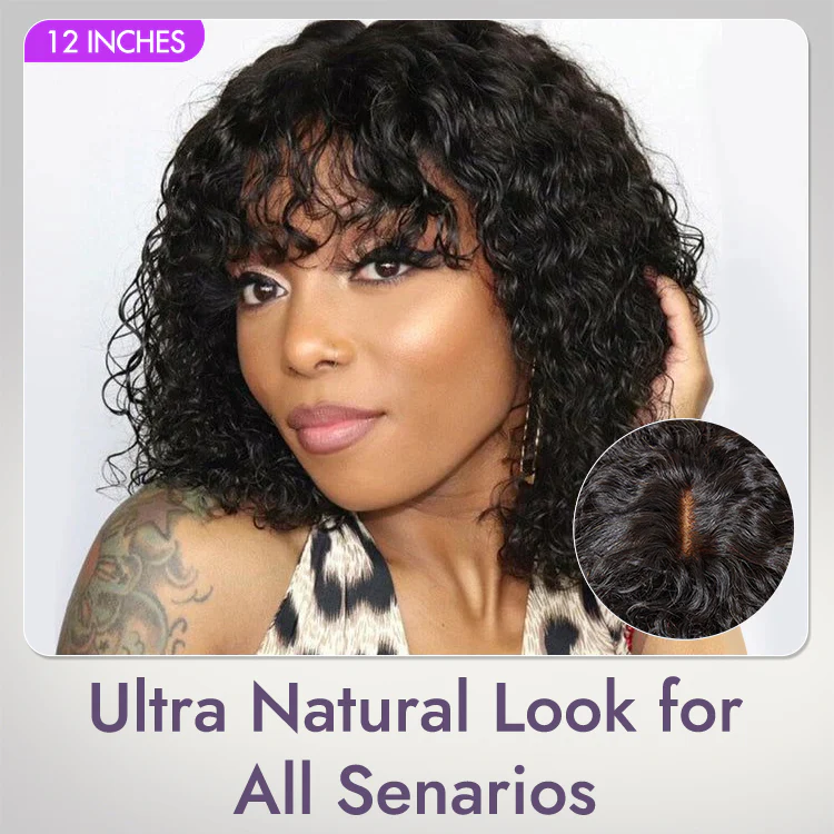 1 SEC INSTALL WIG | Brown Highlight / Natural Black Water Wave Natural Scalp Glueless Minimalist Lace Short Curly Wig with Bangs - Image 8