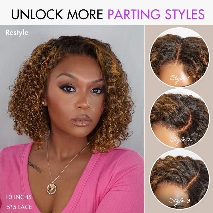 Warm Caramel Brown / Natural Black Deep Curly Glueless 5x5 Closure Pre-Cut Lace Wig - Image 3
