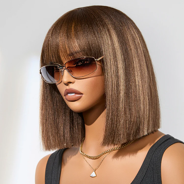 2 For $159.9 | 12 Inches Ash Blonde Highlights Yaki Blunt Cut Bob Wig + 12 Inches Water Wave Minimalist Lace Wig - Image 4