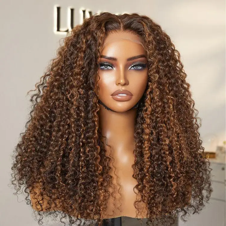 180% Density Copper Highlight Kinky Curly Glueless 5x5 Lace Closure Wig Pre-Cut Lace - Image 4