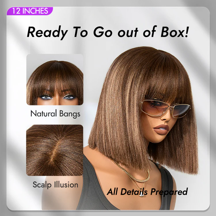 Ash Blonde Highlights with Dark Brown Base Yaki Blunt Cut Bob Wig with Bangs Glueless Minimalist Lace Short Wig - Image 4