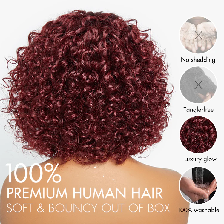 Beginner Friendly Dark Red Water Wave Glueless Minimalist Lace Curly Wig with Bangs - Image 6