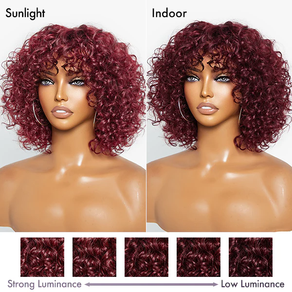Beginner Friendly Dark Red Water Wave Glueless Minimalist Lace Curly Wig with Bangs - Image 7
