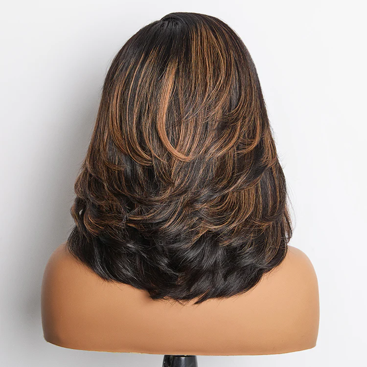 Brown Highlight Layered Wavy Butterfly Haircut Glueless Minimalist HD Lace Wig Pre-Cut Lace - Image 5