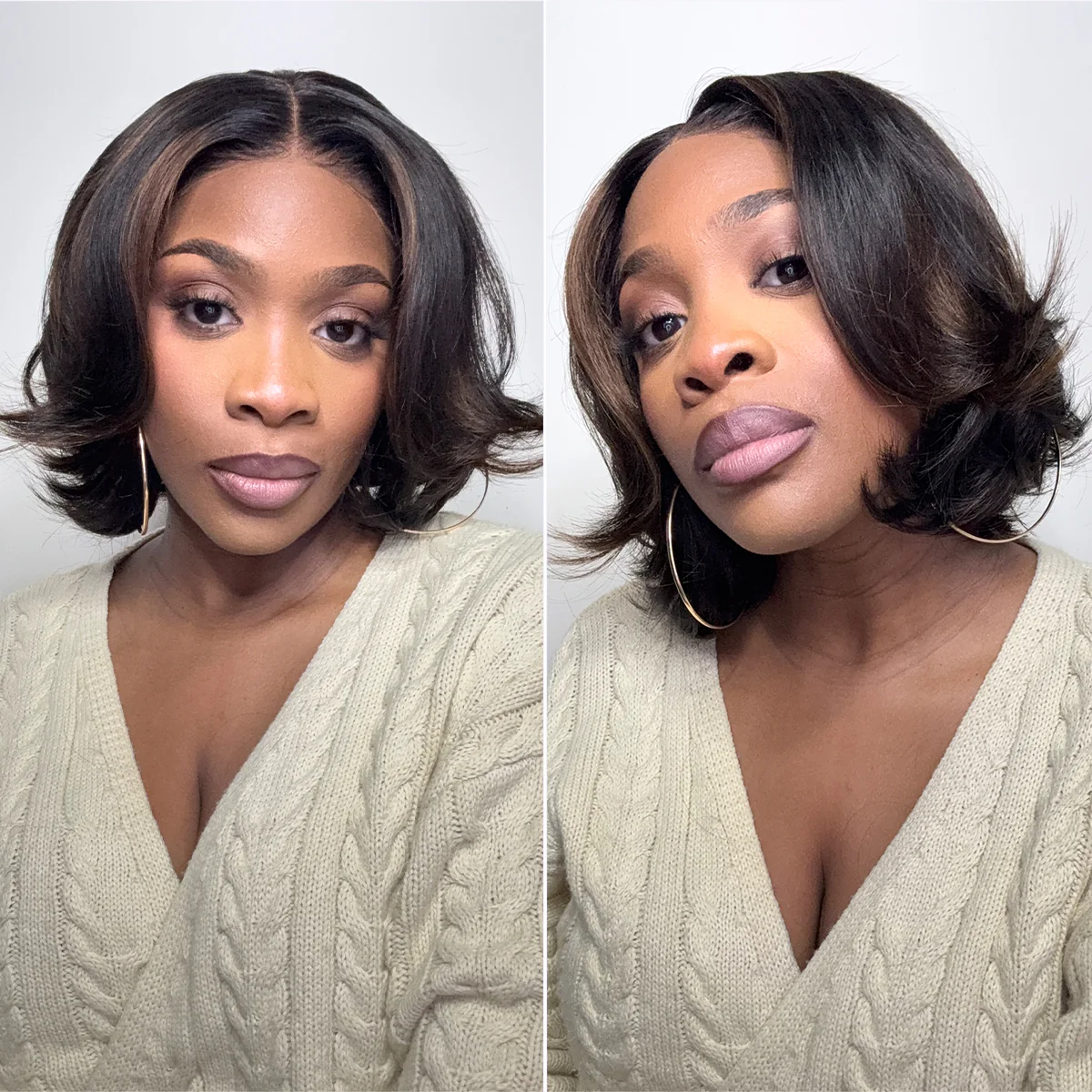 Brown Highlight Silky Short Bob Wig Layered Cut Human Hair Glueless 5x5 Closure Pre-Cut Lace Wig - Image 4