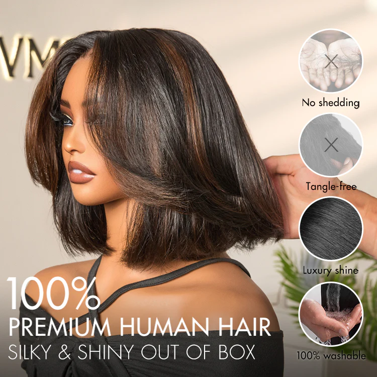 Brown Highlight Silky Short Bob Wig Layered Cut Human Hair Glueless 5x5 Closure Pre-Cut Lace Wig - Image 6