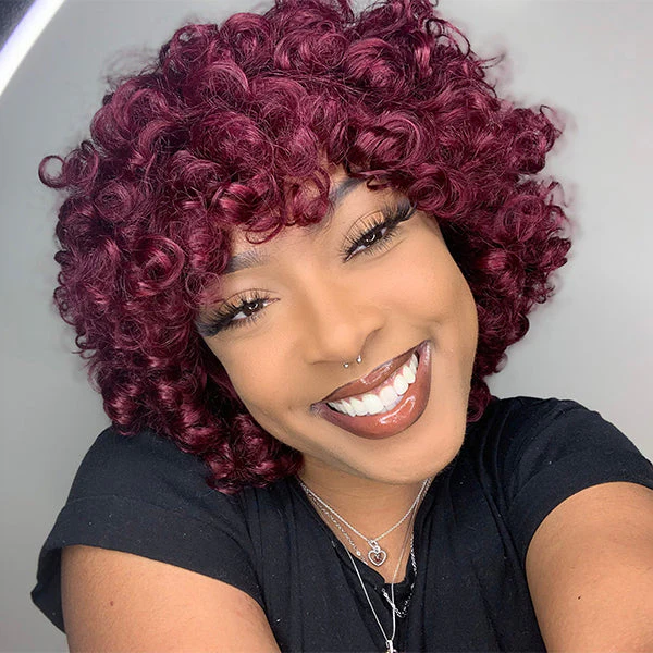 Burgundy Fluffy Rose Curl Short Wig With Bangs 100% Human Hair - Image 2