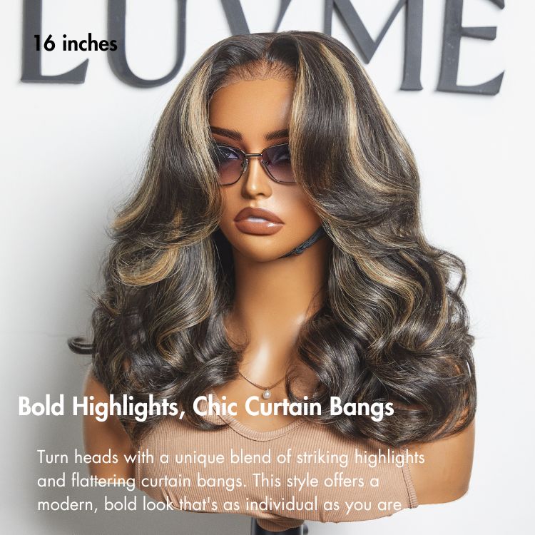 Curtain Bangs Blonde Highlight Loose Wave Glueless 5x5 Closure Pre-Cut Lace Wig All Head Sizes Fit Cap - US Only - Image 3