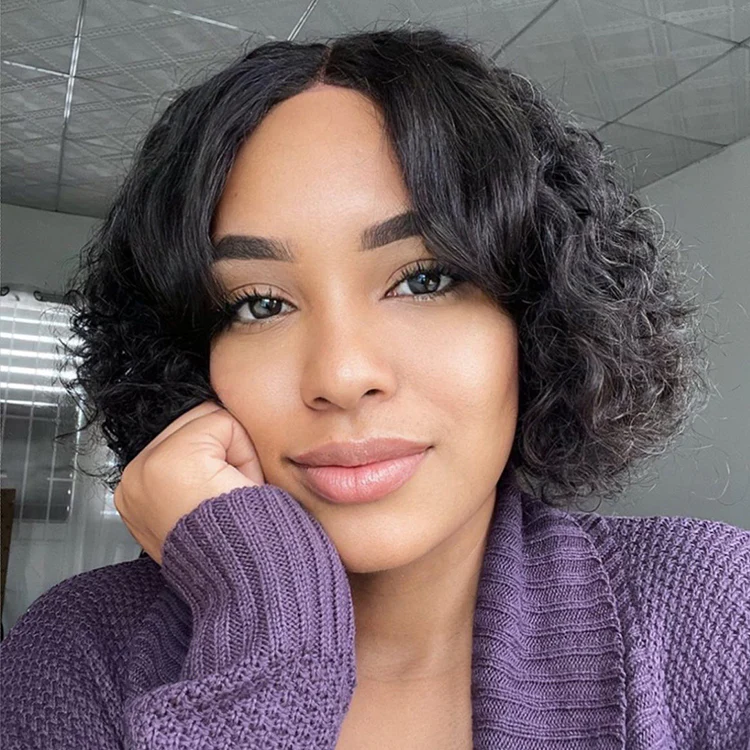 Casual Bouncy Curly 4x4 Closure Lace Glueless Short Wig with Bangs 100% Human Hair - Image 2