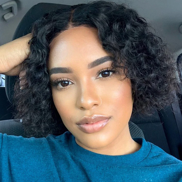 Casual Bouncy Curly 4x4 Closure Lace Glueless Short Wig with Bangs 100% Human Hair - Image 4