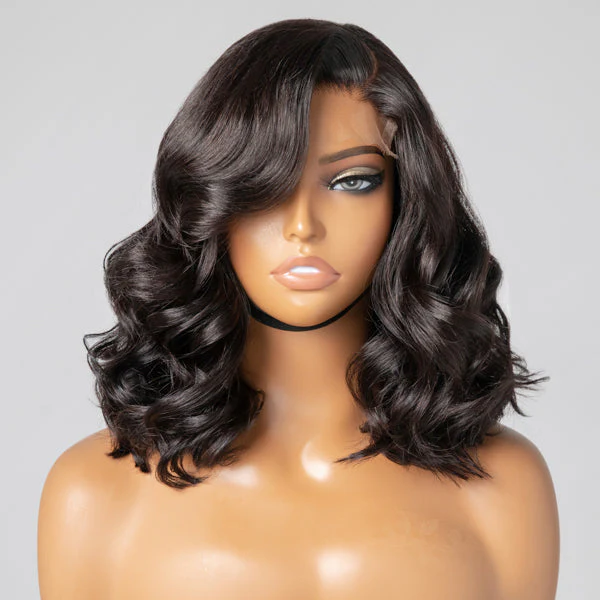 Elegant Natural Black Wavy Minimalist HD Lace Glueless C Part Short Wig 100% Human Hair - US Only - Image 5
