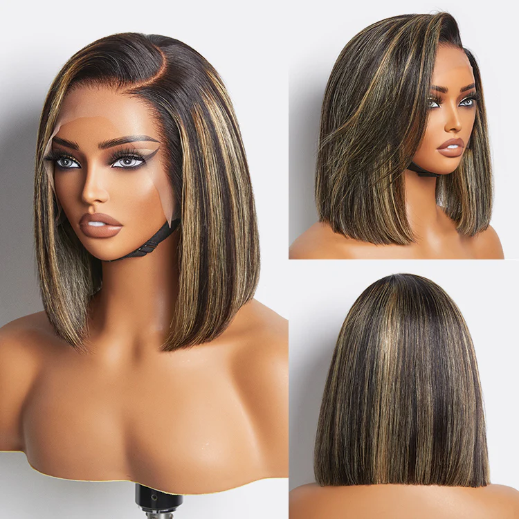 Exclusive Discount | Super Natural C Part Natural Black / Blonde Highlight Glueless Lace Bob Wig 100% Human Hair | Fits All Face Shapes - Image 6