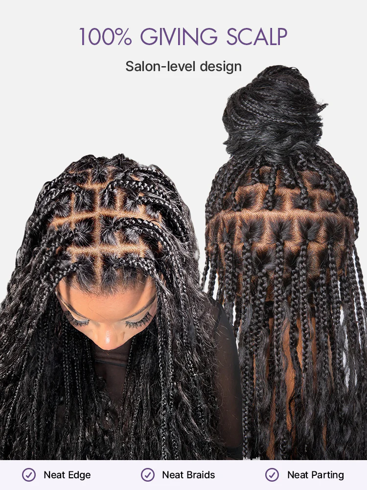 OwnScalp™ Light Weight Flexi-Fit Invisi Drawstring Cap Full Lace Knotless Boho Curls Braided Long Wig Super Natural Scalp Pre-Cut Lace - Image 4