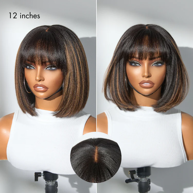 Exclusive Discount | Put On and Go Realistic Glueless Yaki Straight Bob With Bangs Minimalist Lace Wig 100% Human Hair - Image 7
