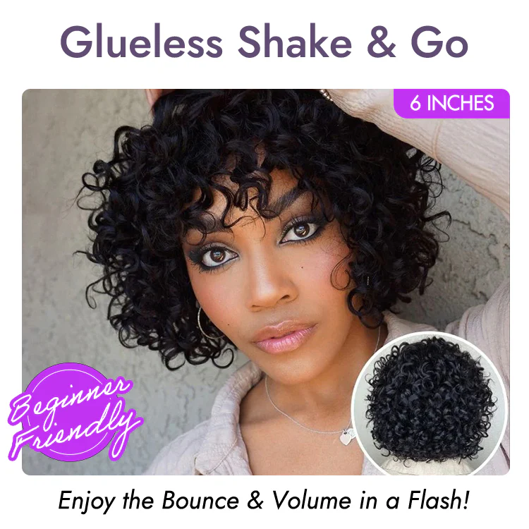 Light Weight Short Cut Water Wave Glueless Minimalist Lace Wig with Curly Bangs - US Only - Image 2