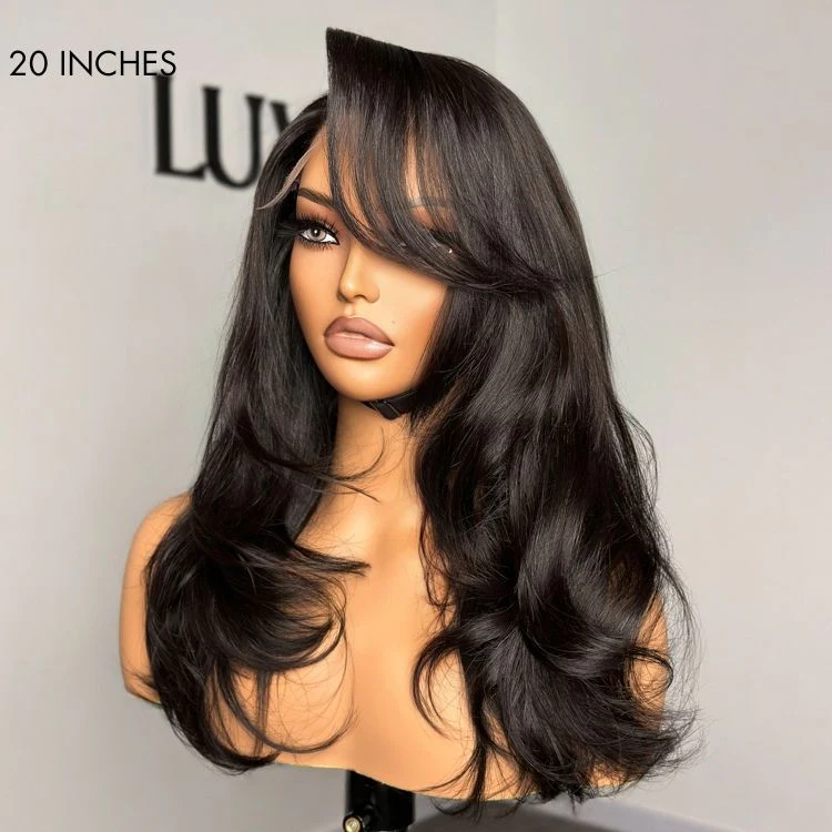 Blow Out Layered Cut C Part Glueless 5x5 Closure HD Lace Wig with Bangs| Large & Small Cap Size - Image 3