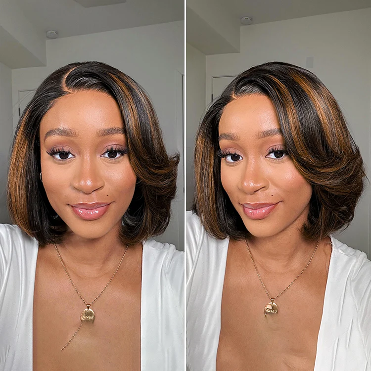 Limited Design | Toffee Brown Mix Blonde / Natural Black Layered Cut Glueless 5x5 Closure Lace Bob Wig - Image 13