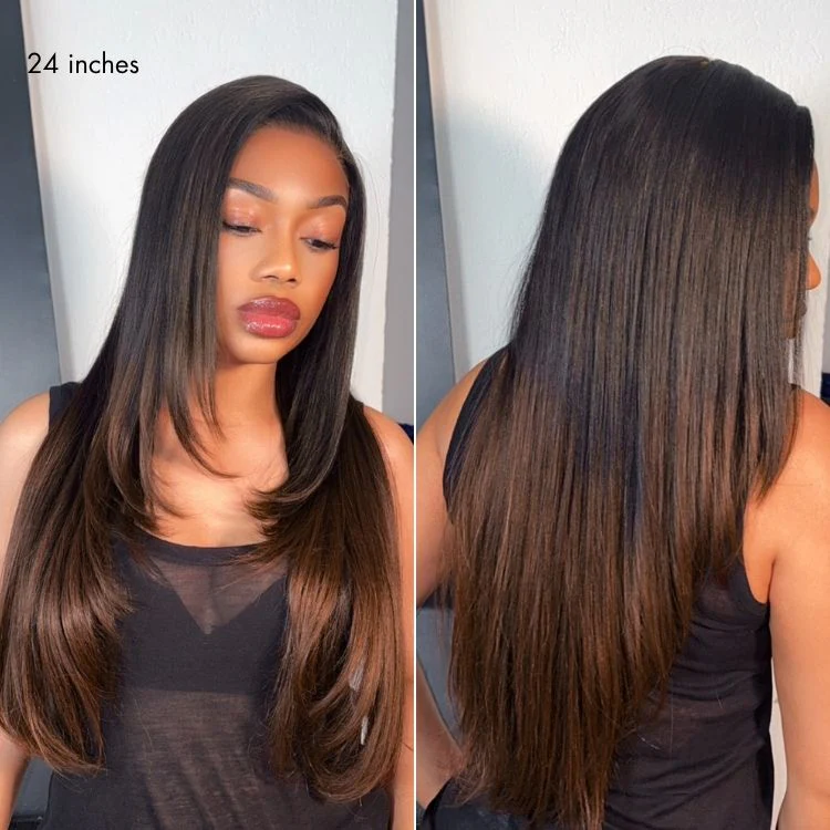 Luvme All-Day Comfort™ Wig 180% Density Ombre Brown Butterfly Cut Layered Light Yaki Straight Glueless 7x6 Closure HD Lace Human Hair Wig Pre-Cut Lace - Image 2