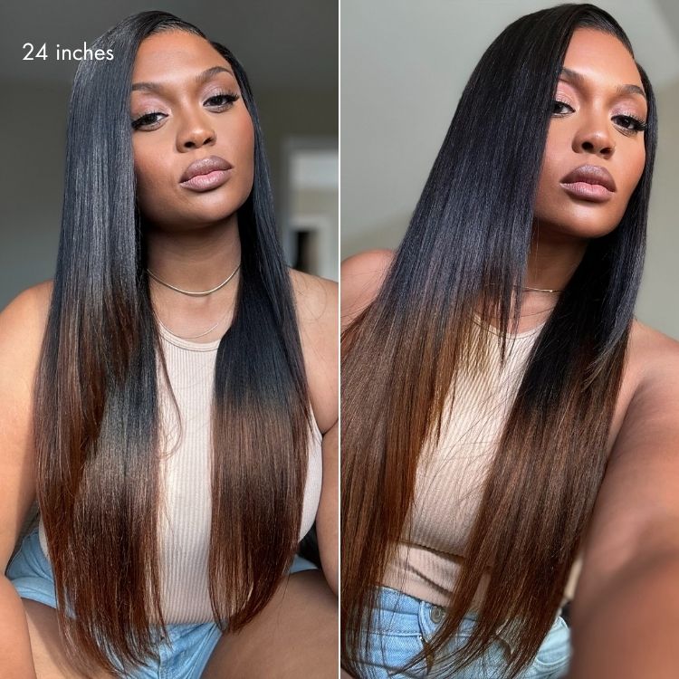 Luvme All-Day Comfort™ Wig 180% Density Ombre Brown Butterfly Cut Layered Light Yaki Straight Glueless 7x6 Closure HD Lace Human Hair Wig Pre-Cut Lace - Image 3
