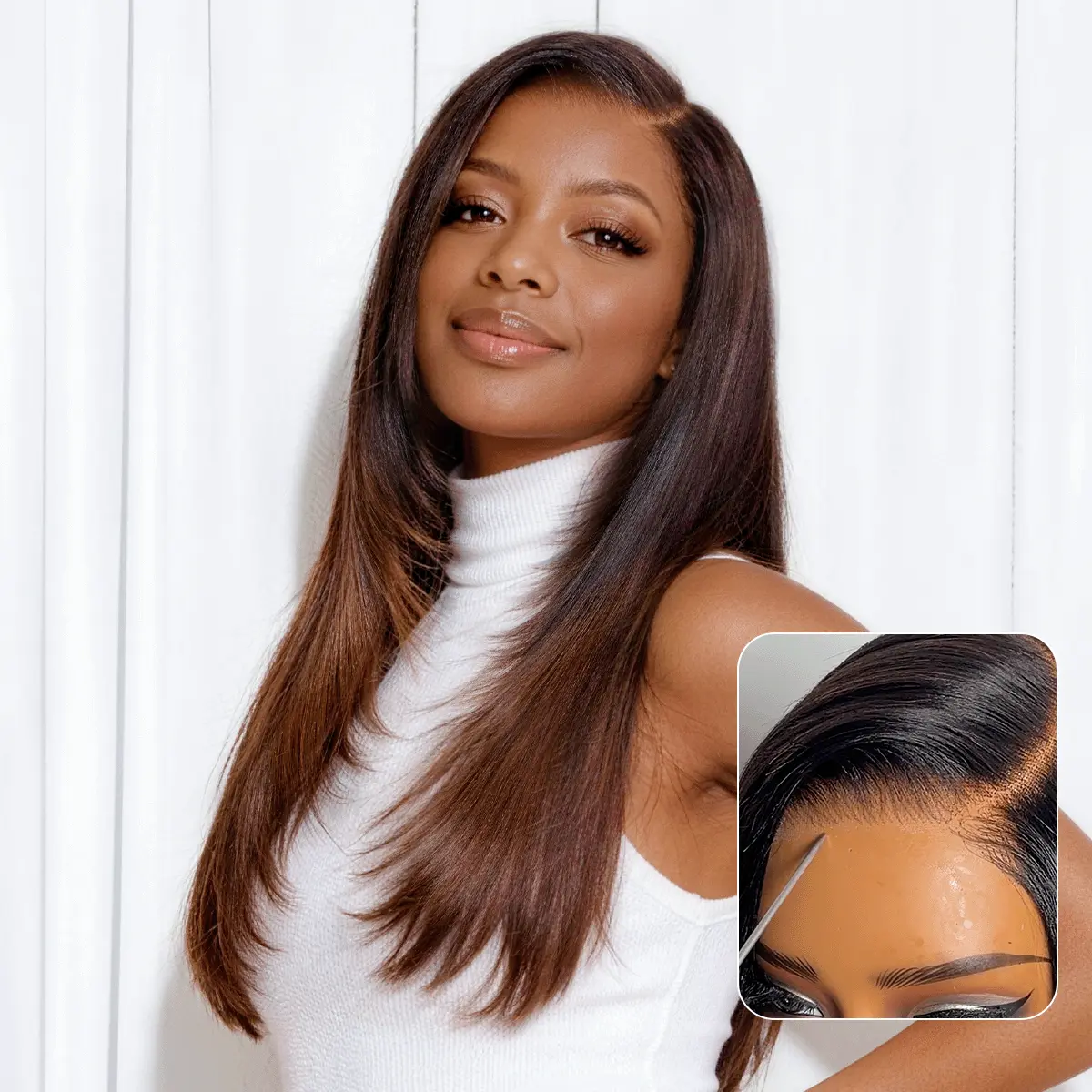 Luvme All-Day Comfort™ Wig 180% Density Ombre Brown Butterfly Cut Layered Light Yaki Straight Glueless 7x6 Closure HD Lace Human Hair Wig Pre-Cut Lace - Image 4
