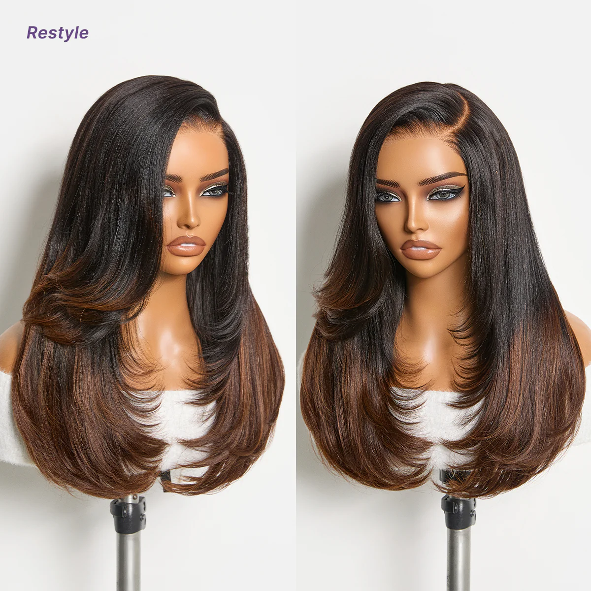 Luvme All-Day Comfort™ Wig 180% Density Ombre Brown Butterfly Cut Layered Light Yaki Straight Glueless 7x6 Closure HD Lace Human Hair Wig Pre-Cut Lace - Image 5