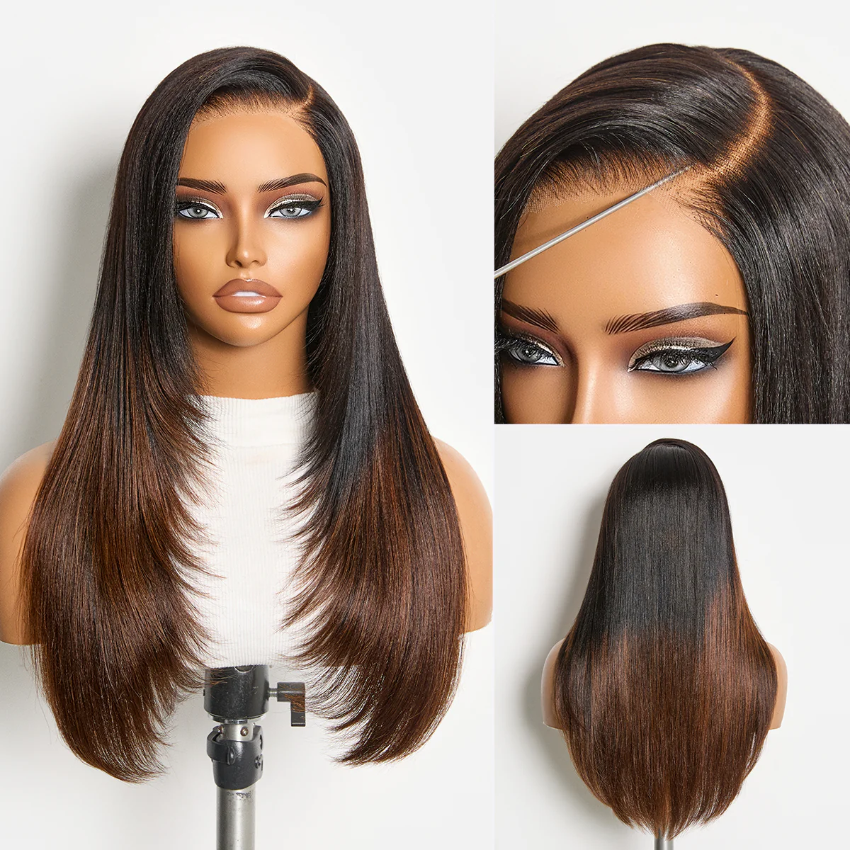 Luvme All-Day Comfort™ Wig 180% Density Ombre Brown Butterfly Cut Layered Light Yaki Straight Glueless 7x6 Closure HD Lace Human Hair Wig Pre-Cut Lace - Image 6
