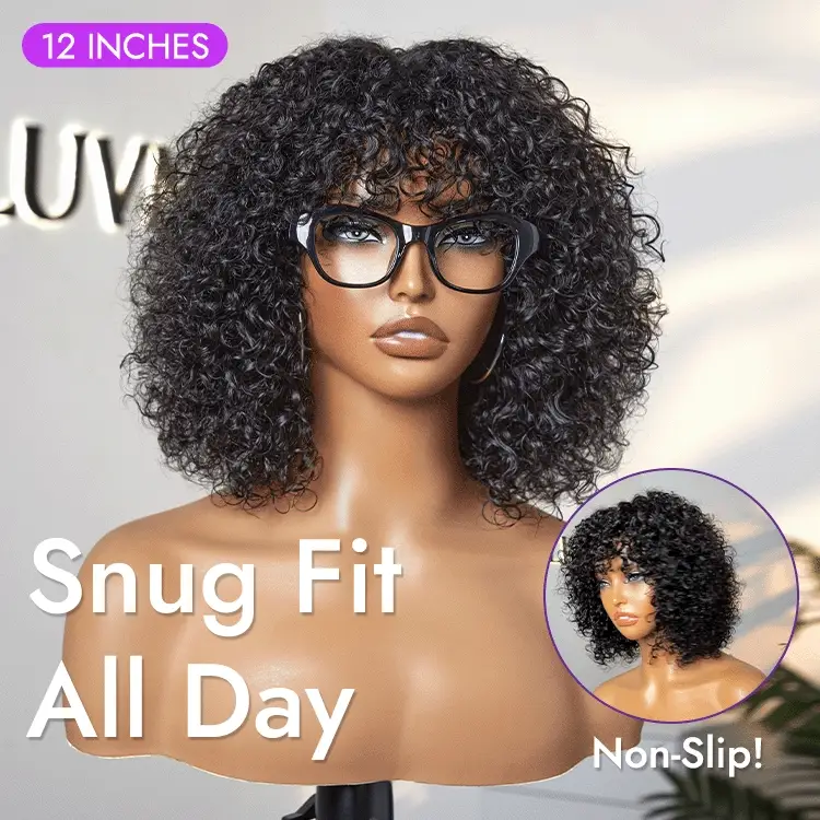 Beginner Friendly Water Wave Minimalist Lace Glueless Short Curly Wig with Bangs - Image 8