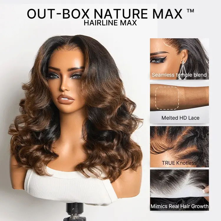 NatureMAX™ 200% Density Ombre Brown / Natural Loose Wave Glueless 13x6 HD Lace Front Shoulder Length Wig Pre-Cut Lace Flexi-Fit Drawstring Cap - Image 8