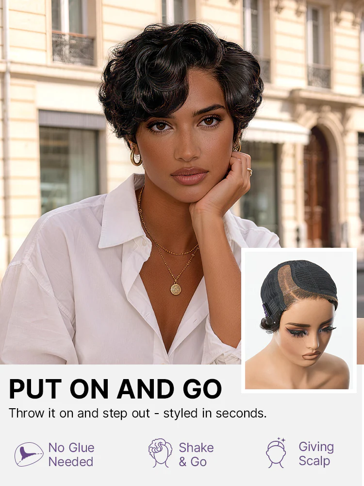 New Customers Only | Beginner Friendly Natural Black Lightweight Roll Curl Glueless Minimalist HD Lace Short Pixie Cut Wig Pre Cut Lace - Image 3