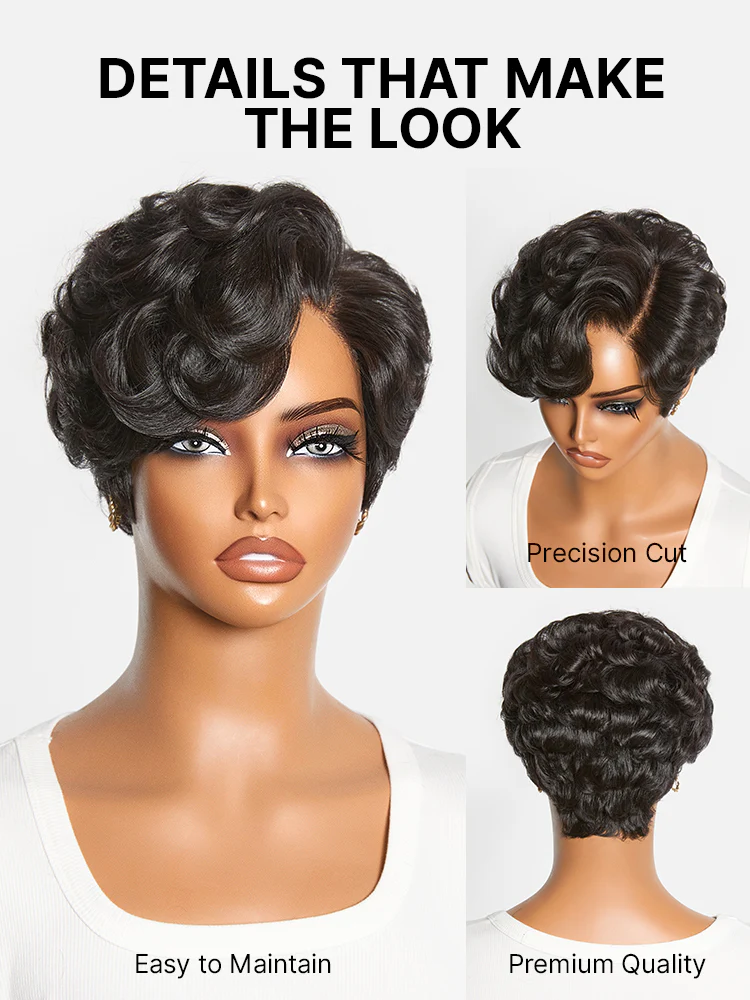 New Customers Only | Beginner Friendly Natural Black Lightweight Roll Curl Glueless Minimalist HD Lace Short Pixie Cut Wig Pre Cut Lace - Image 6
