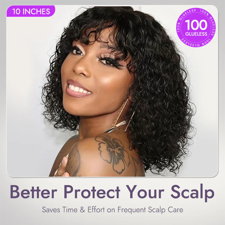 New Customers Only | Beginner Friendly Water Wave Minimalist Lace Glueless Short Curly Wig with Bangs - Image 5