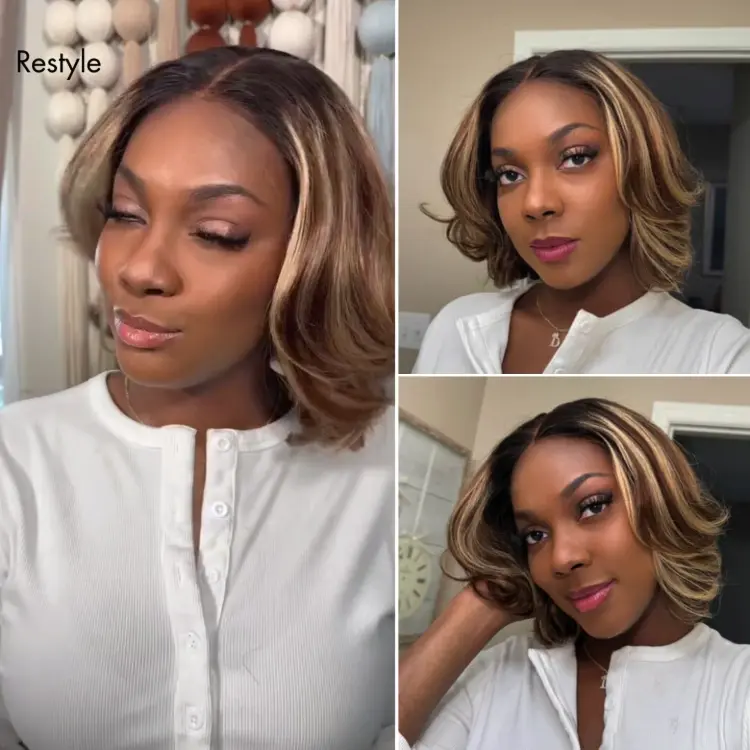 New Customers Only | Blonde Highlight / Brown Highlight Short Layered Bob Wig Glueless 5x5 Closure Pre-Cut Lace Wig - Image 4