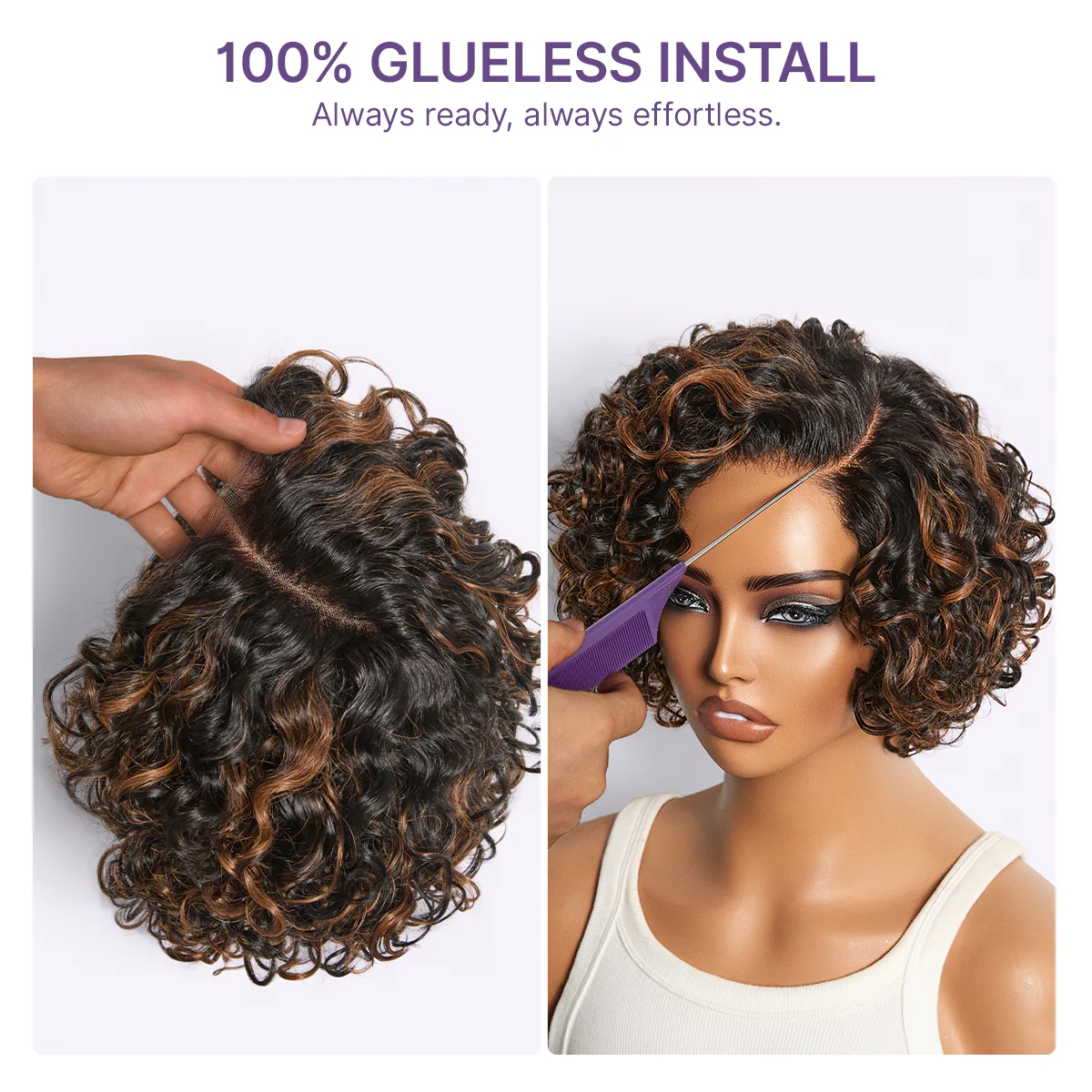 New Customers Only | Brown Highlight Water Wave Pixie Cut Glueless Minimalist HD Lace Short Curly Wig - Image 5