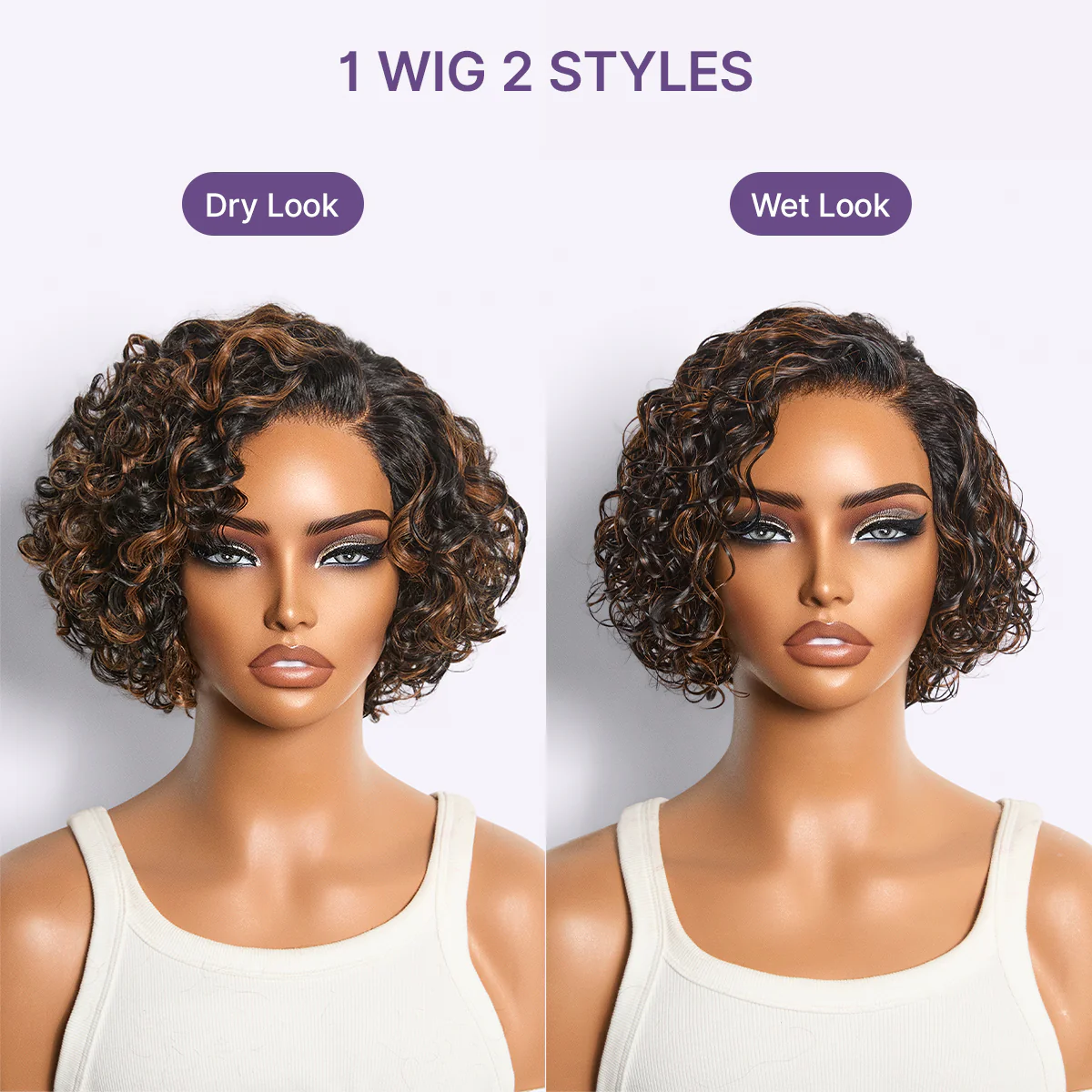 New Customers Only | Brown Highlight Water Wave Pixie Cut Glueless Minimalist HD Lace Short Curly Wig - Image 7