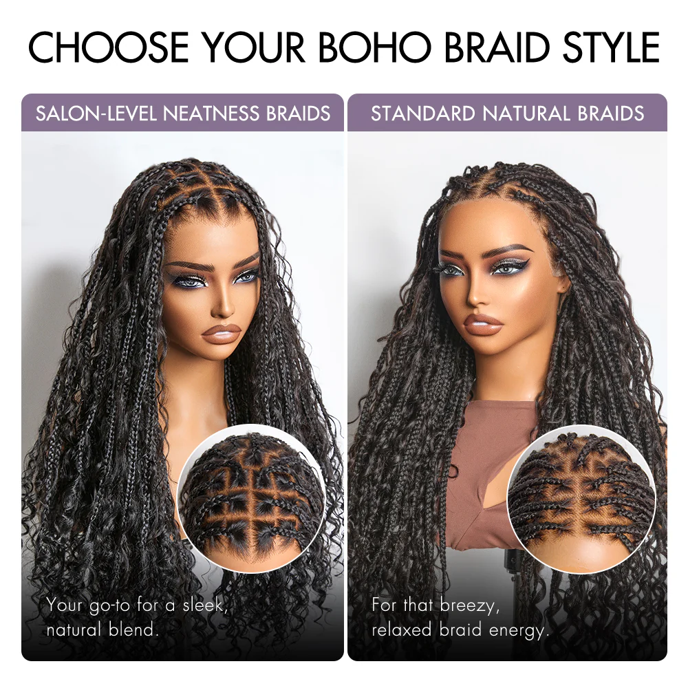 New Customers Only | Light Weight Flexi-Fit Invisi Drawstring Cap Full Lace Knotless Boho Curls Braided Long Wig Super Natural Scalp - Image 3