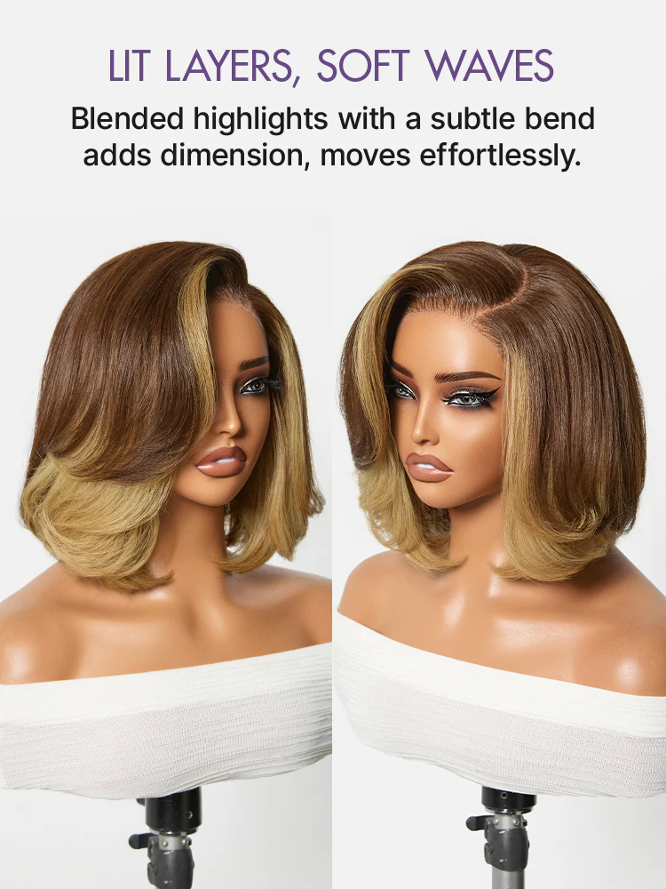 New Customers Only | Honey Blonde Face-Framing Highlights Blow Out Layered Cut Glueless 5x5 Closure Lace Bob Wig Pre-cut Lace - Image 4