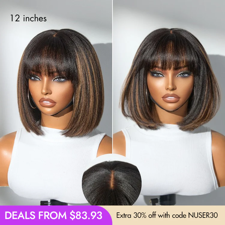New Customers Only | Put On and Go Realistic Glueless Yaki Straight Bob with Bangs Minimalist Lace Wig 100% Human Hair - Image 5