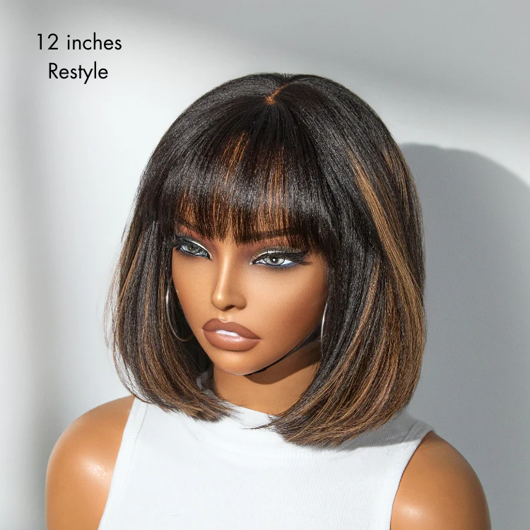 New Customers Only | Put On and Go Realistic Glueless Yaki Straight Bob with Bangs Minimalist Lace Wig 100% Human Hair - Image 7