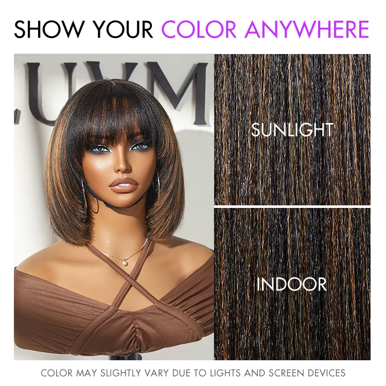 New Customers Only | Put On and Go Ash Blonde Highlight / Brown Highlight / Natural Black Layered Cut Yaki Straight Minimalist Lace Bob Wig - Image 7