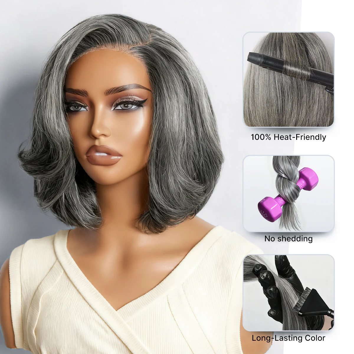 New Customers Only | Salt & Pepper 100% Human Hair Layered Bob Wig Glueless Minimalist Lace Grey Wig Pre-Cut Lace - Image 3