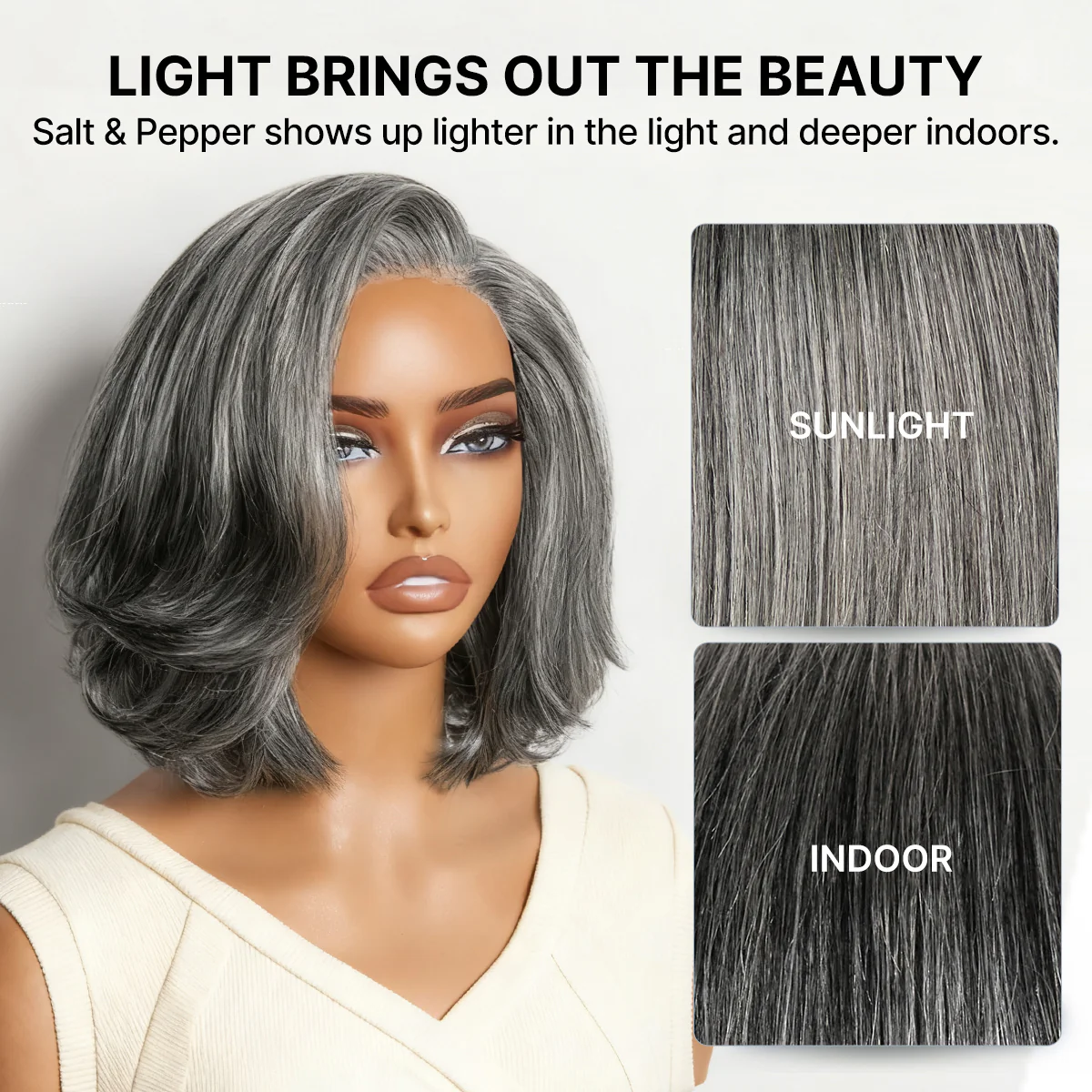 New Customers Only | Salt & Pepper 100% Human Hair Layered Bob Wig Glueless Minimalist Lace Grey Wig Pre-Cut Lace - Image 9