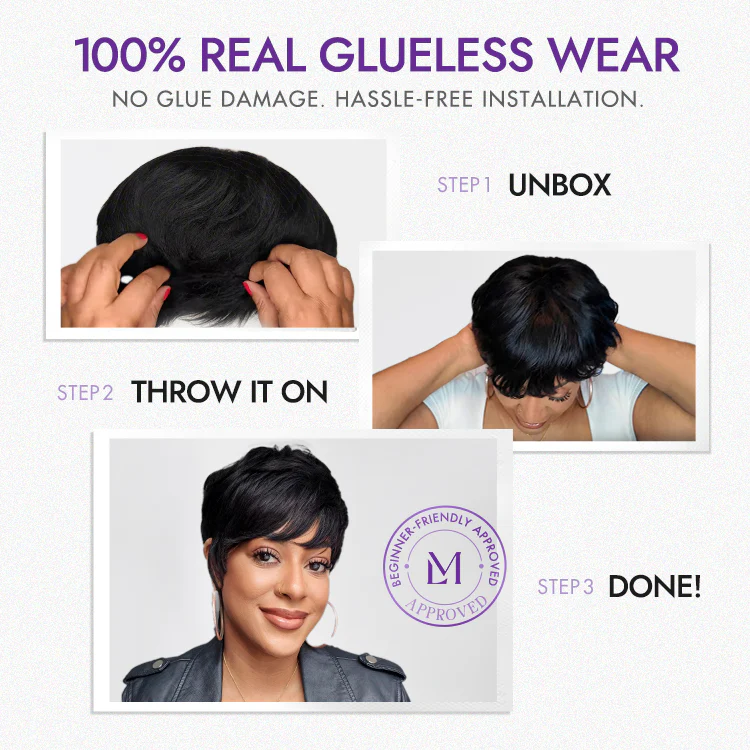 New Customers Only | Throw On & Go Short Cut with Bangs Wig Ultra Comfort Cotton Cap Glueless Wig Hair Loss Friendly - Image 5