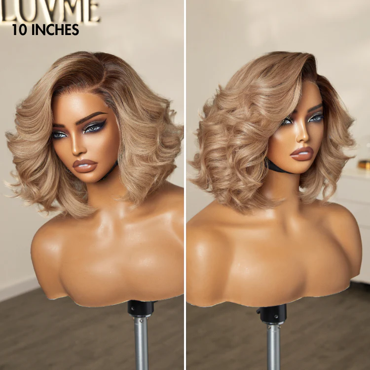 Ombre Ash Blonde Layered Bob Blowout Style Minimalist HD Pre-Cut Lace Glueless Short Wig - US Only - Image 4