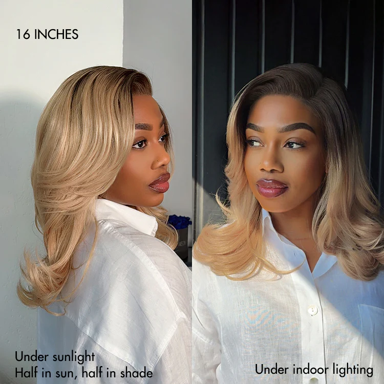Ombre Blonde Blow Out Layered Cut Wavy Glueless HD Minimalist Lace Wig - Image 5