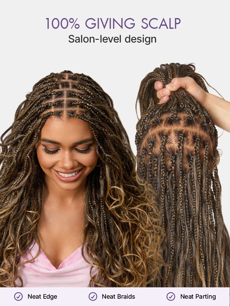 OwnScalp™Ombre Honey Blonde French Curl Knotless Boho Braids HD Full Lace Long Wig Flexi Fit Invisi Drawstring Cap - US Only - Image 4
