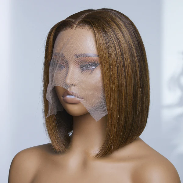 Ombre Caramel Brown Mid Part Glueless Minimalist Lace Bob Wig 100% Human Hair | Fits All Face Shapes - Image 2