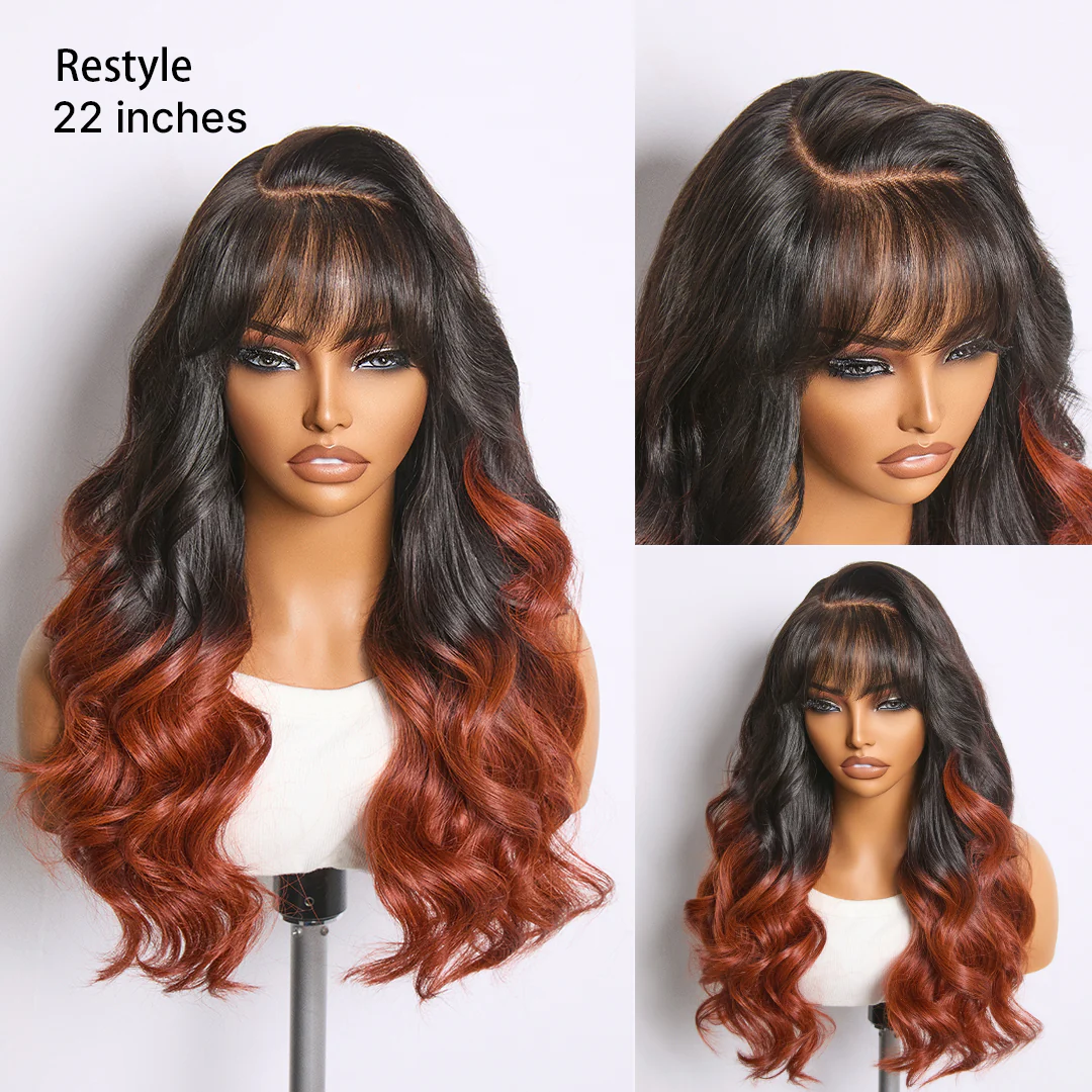 Ombre Reddish Brown Loose Wave Glueless 5x5 Closure Lace Wig with Bangs Pre-Cut Lace - Image 5