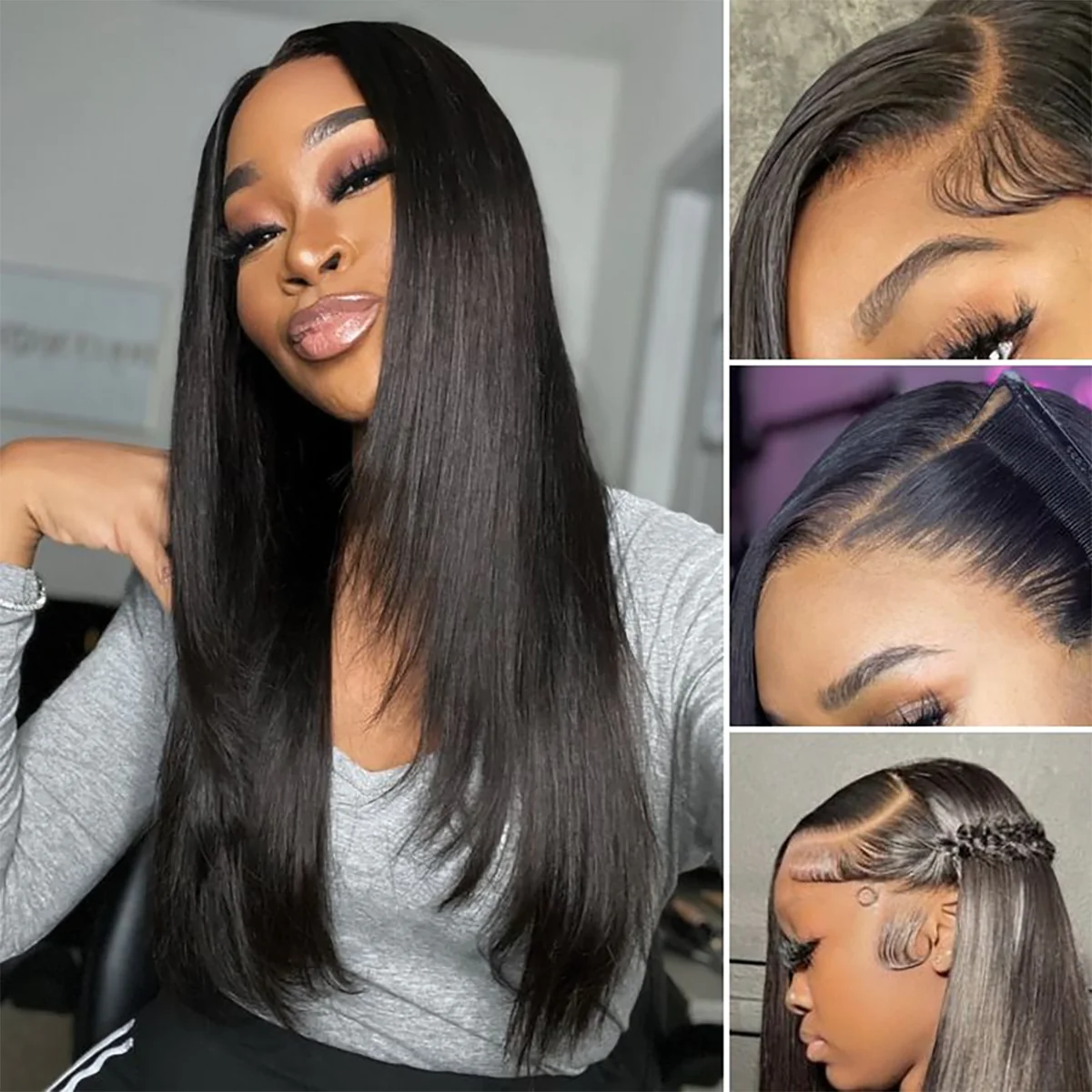 PreMax Super Natural Hairline Face-Framing Layered Cut Silky Straight Glueless 13x4 Frontal Lace Wig Human Hair Pre-Cut Lace - Image 2