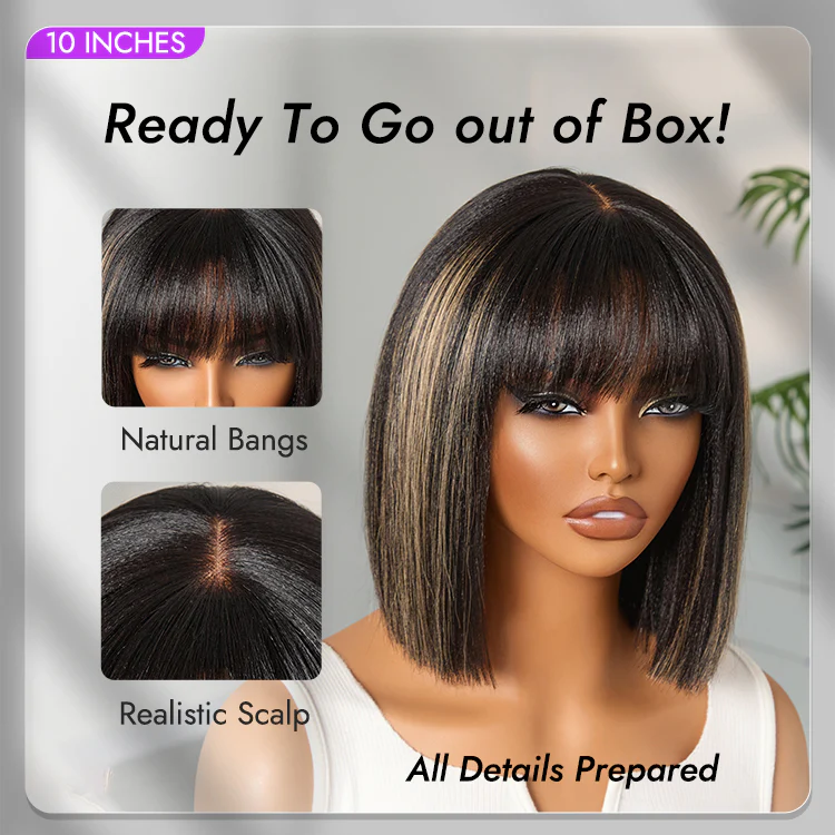 Put On and Go Blonde Highlight Yaki Straight Blunt Cut Bob Glueless Minimalist Lace Short Wig with Bangs - Image 3