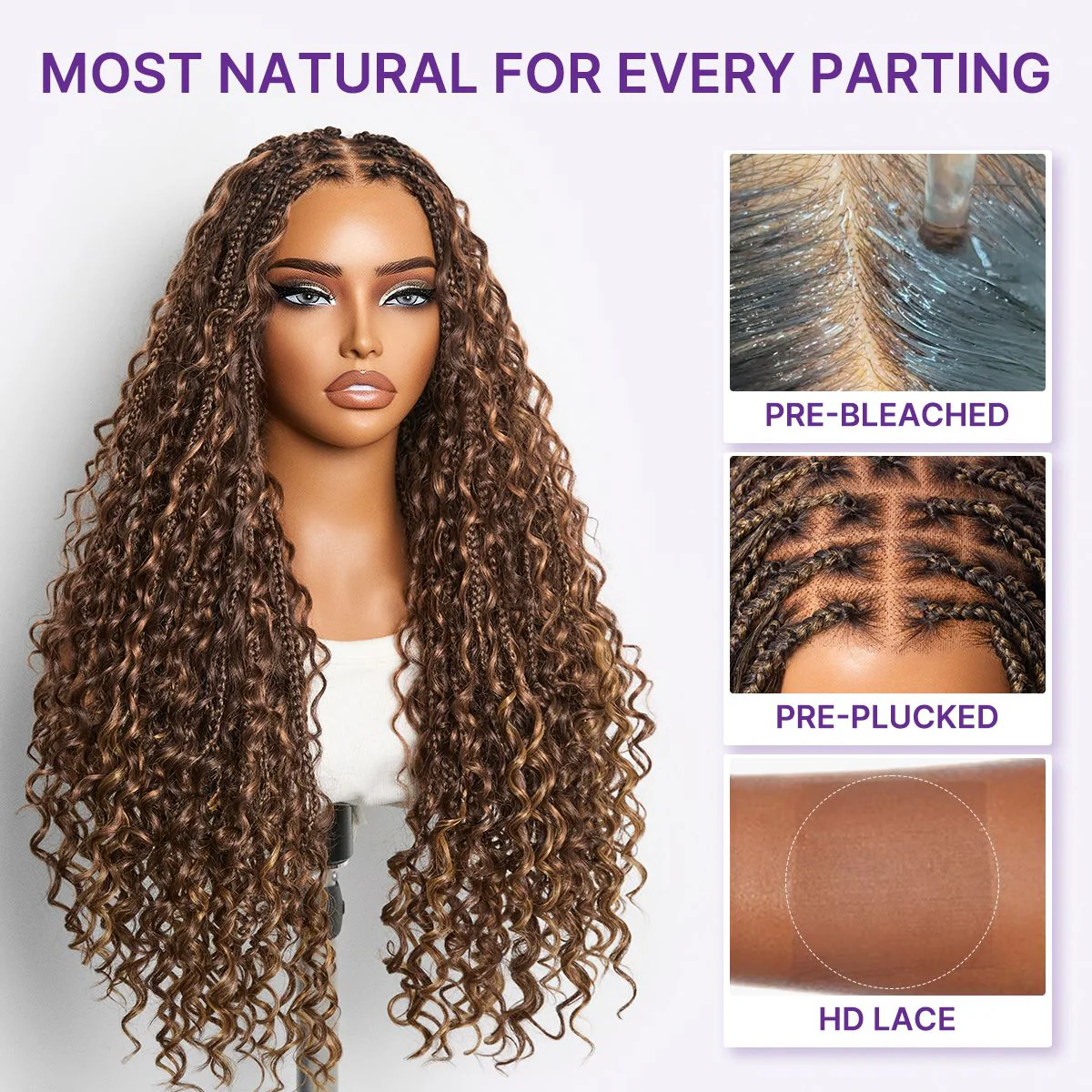 OwnScalp™ Mix Blonde / Natural Black Light Weight Flexi-Fit Invisi Drawstring Cap HD Full Lace Knotless Boho Curls Braided Long Wig Super Natural Scalp - US Only - Image 10
